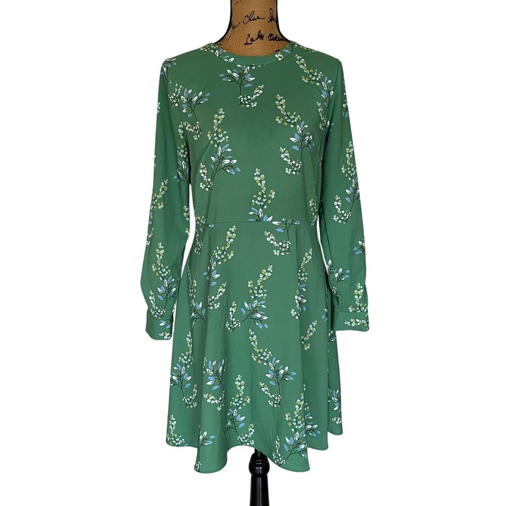 LOFT Green Floral Long Sleeve Knee Length Dress Women’s M